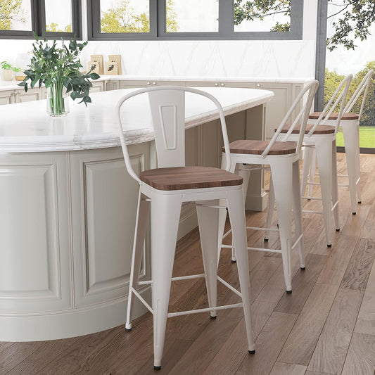 Metal Bar Stools Set of 4,26 Inch Barstools Counter Height Bar Stool with Backs Farmhouse Bar Stools with Larger Seat High Back Kitchen Dining Chairs Modern Bar Chairs White Cream Stool