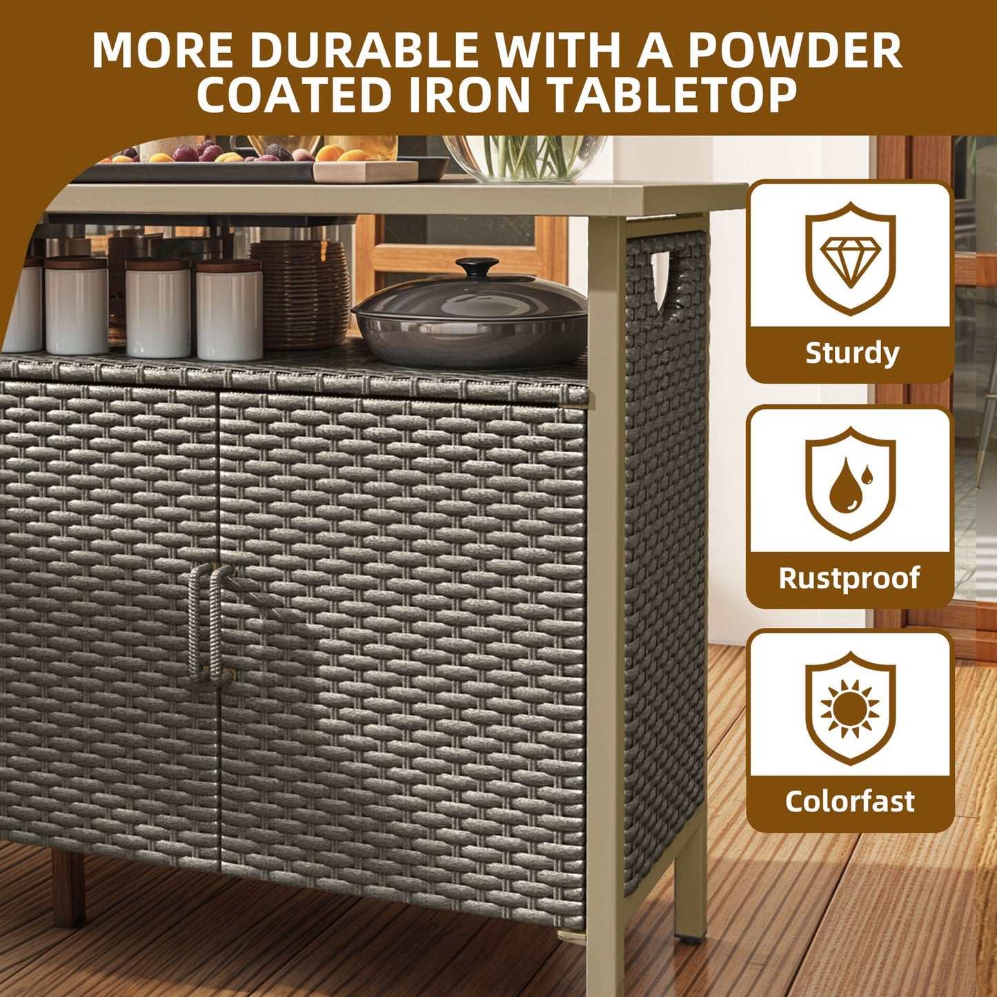 Outdoor Storage Cabinet Patio Wicker Bar Counter Table 2 Doors Backyard Patio