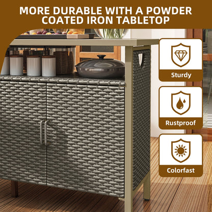 Outdoor Storage Cabinet Patio Wicker Bar Counter Table 2 Doors Backyard Patio