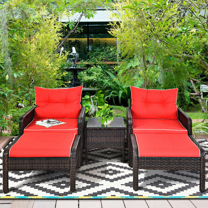 5 PCS Patio Rattan Furniture Set Sofa Ottoman Table Cushioned Yard Red