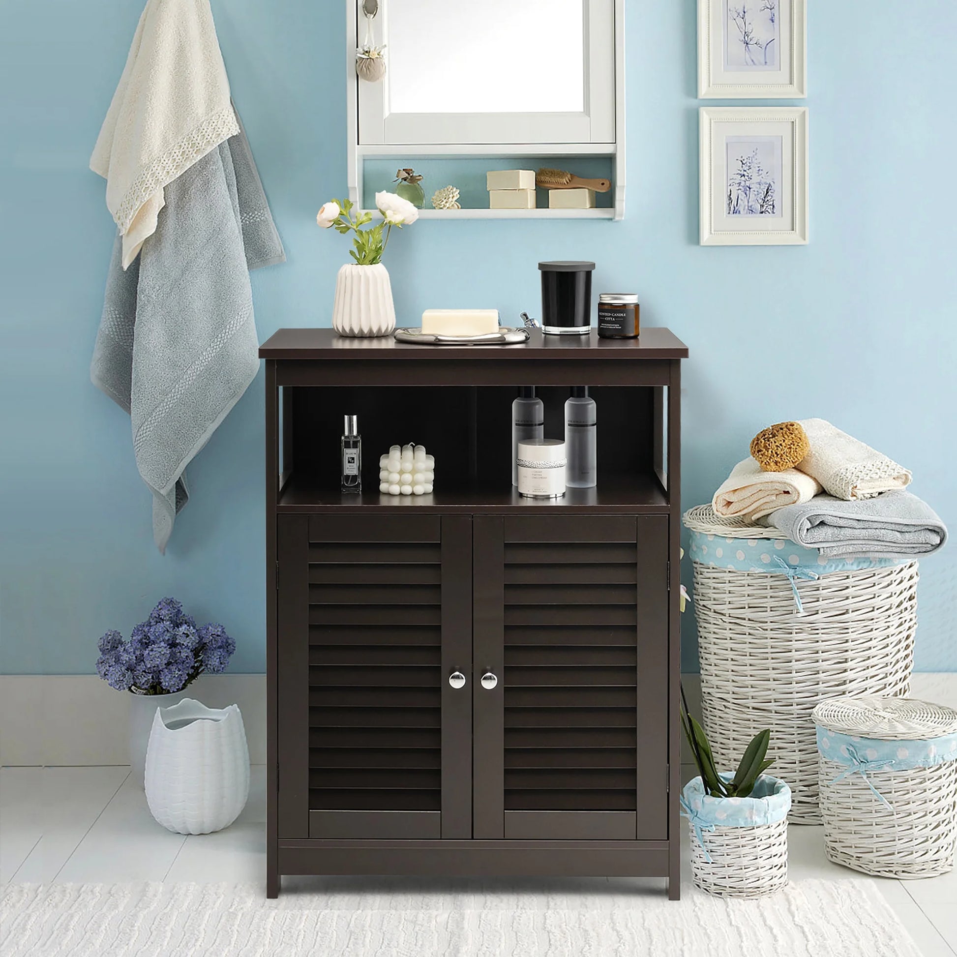 Bathroom Storage Wood Floor Cabinet with Double Shutter Door Coffee
