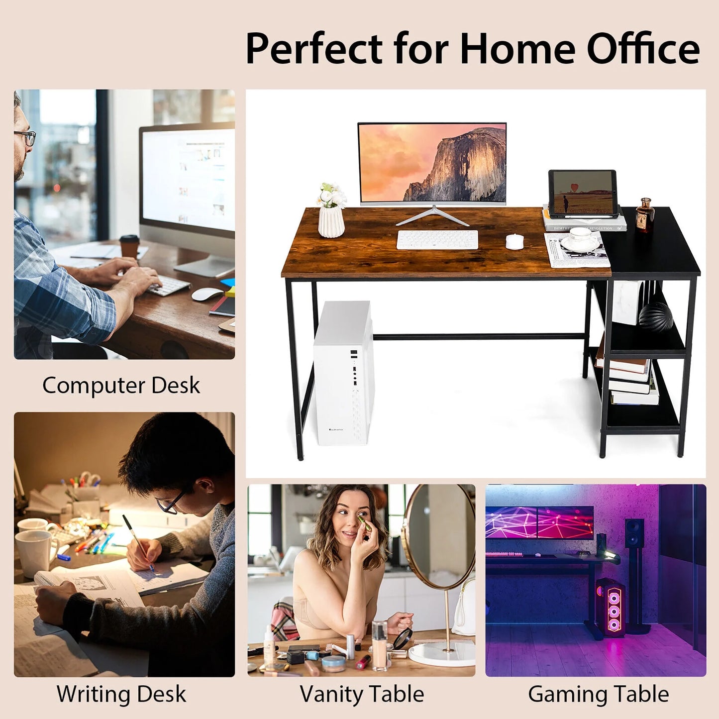 55'' Computer Desk Writing Workstation Study Table Home Office with Bookshelf Rustic
