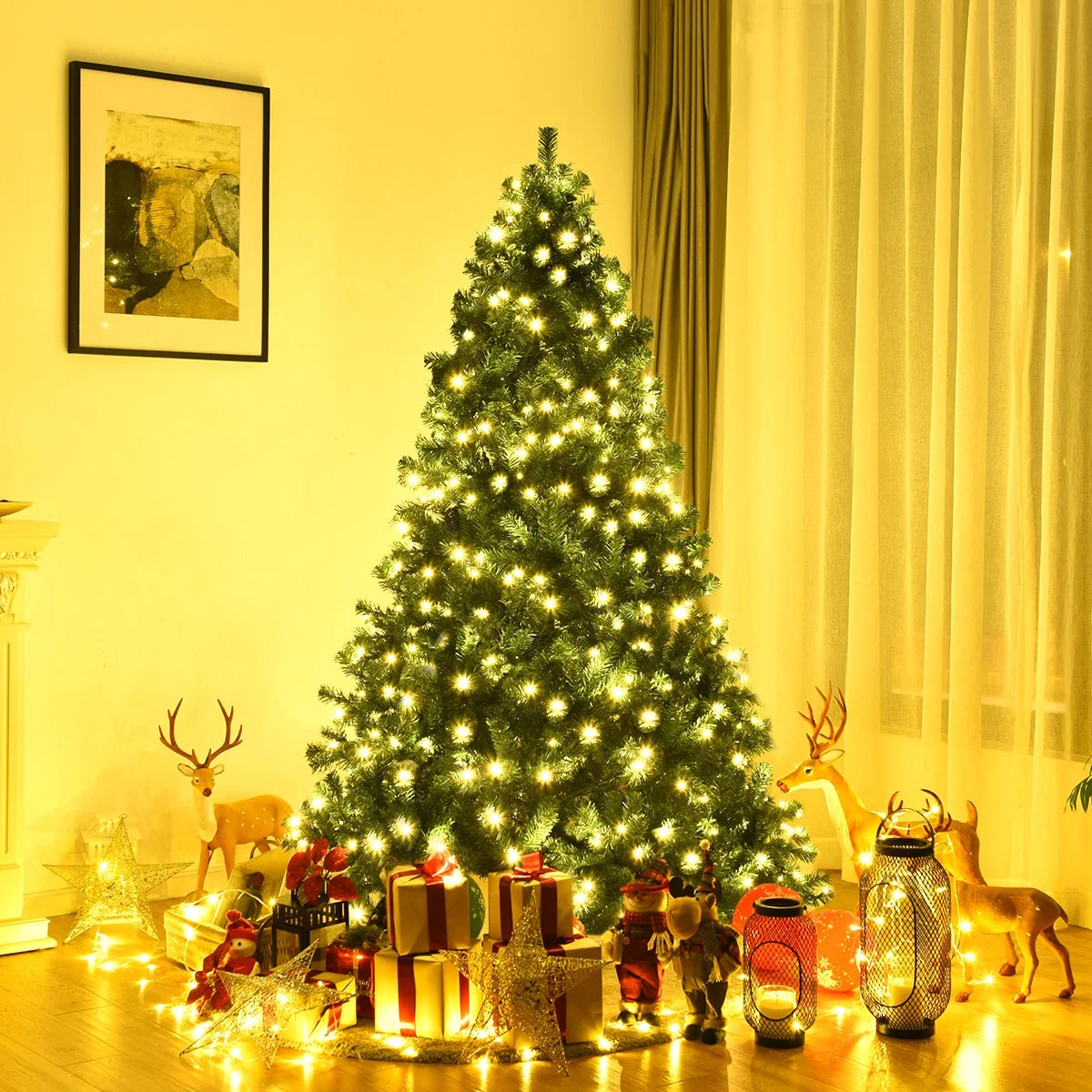 7Ft Pre-Lit PVC Hinged Christmas Tree 300 LED Lights Green