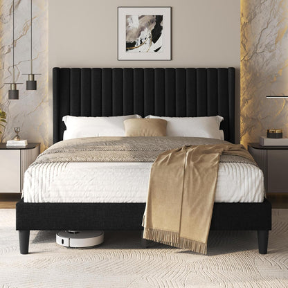 Queen Bed Frame Upholstered Platform Bed with Fabric Headboard, Wing Edge Design/Non-Slip and Noise-Free/Wooden Slats Support/No Box Spring Needed/Easy Assembly, Dark Gray Queen Bed