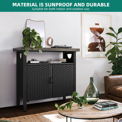 Outdoor Storage Cabinet Patio Wicker Bar Counter Table 2 Doors Backyard Patio