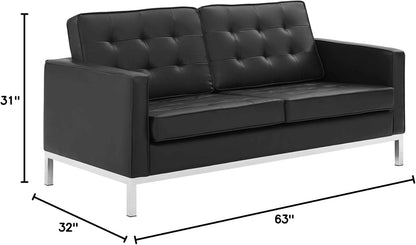 Loft Tufted Button Faux Leather Upholstered Loveseat in Silver Black