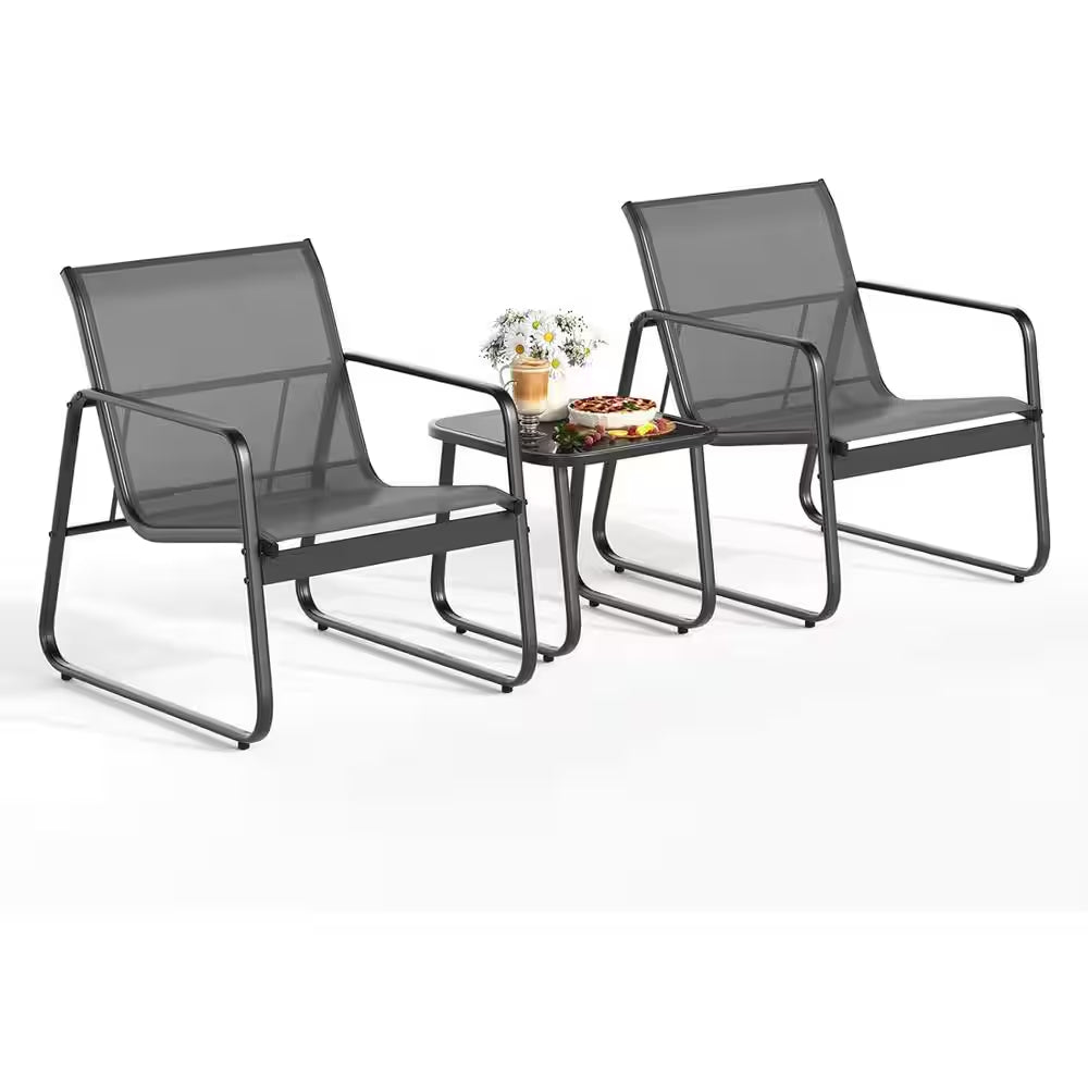 Patio Chairs Set of 2, Patio Furniture Set with Metal Frame Glass Table, Black