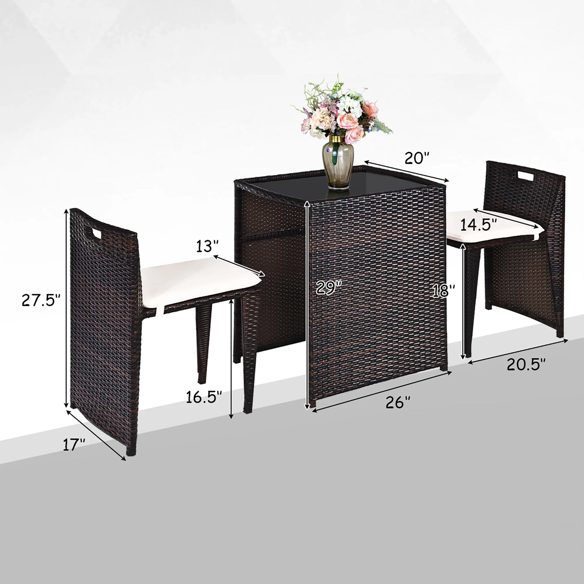 3PCS Outdoor Patio Rattan Furniture Set Space Saving Garden Deck W/Cushion No Assembly