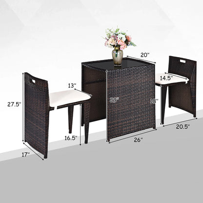 3PCS Outdoor Patio Rattan Furniture Set Space Saving Garden Deck W/Cushion No Assembly