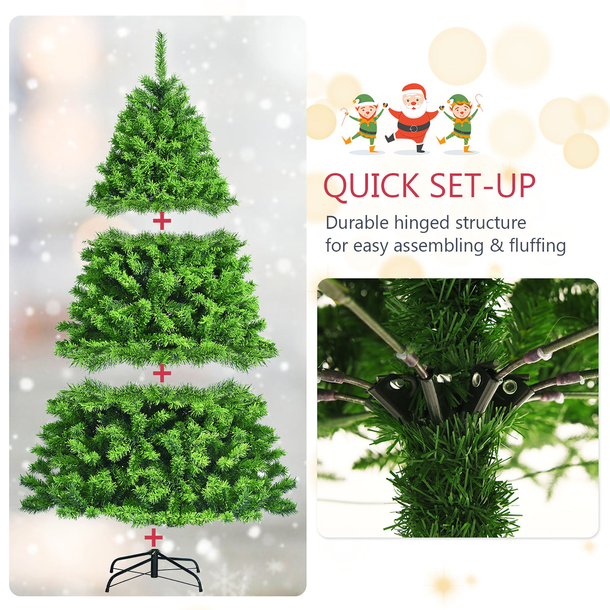 6.5Ft Green Flocked Hinged Artificial Christmas Tree W/ Metal Stand Green