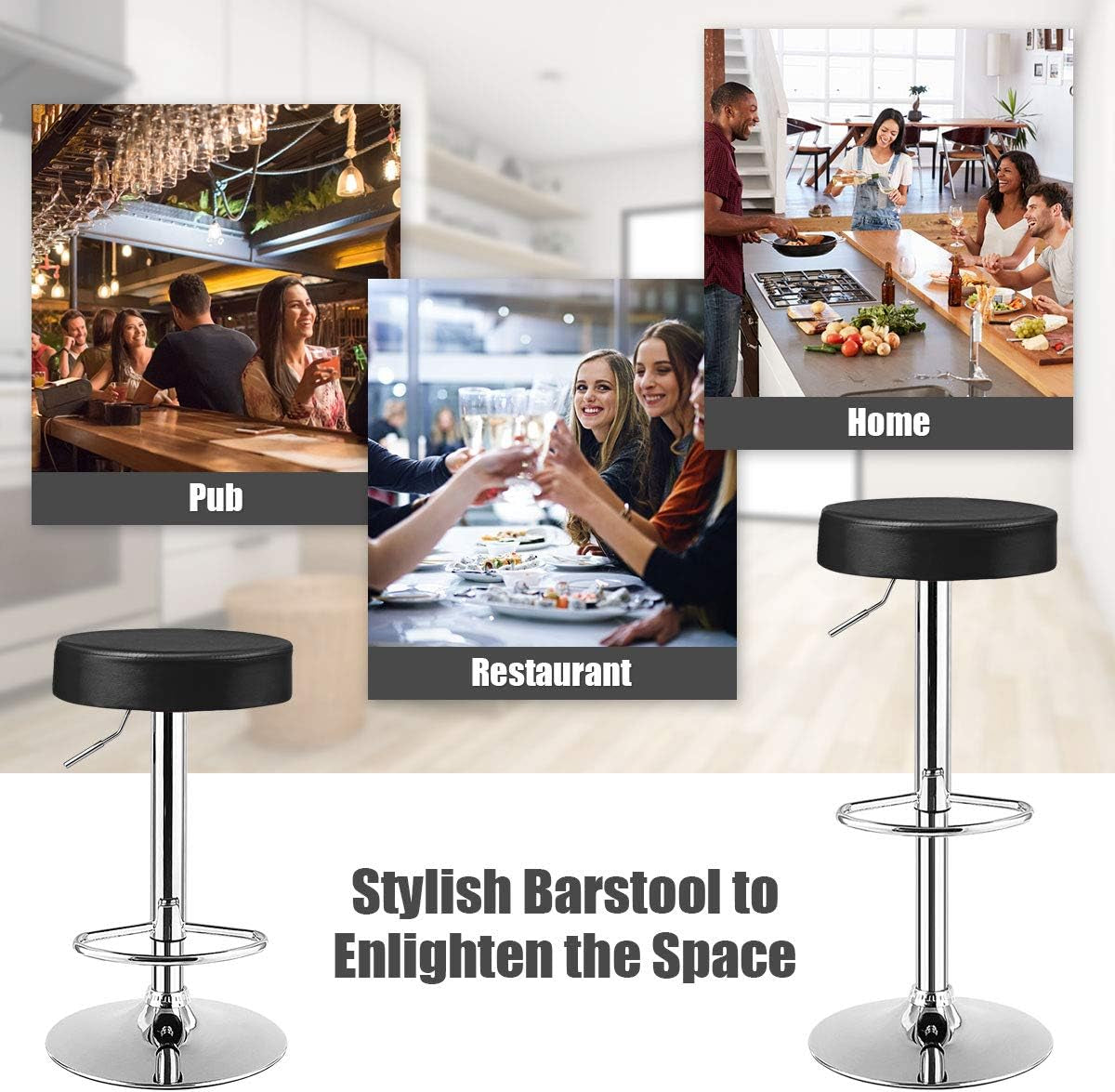 Bar Stool, Modern Swivel Backless round Barstool, PU Leather Armless Bar Chair with Height Adjustable, Chrome Footrest, Sturdy Metal Frame for Kitchen Dining Living Bistro Pub (Black, 1 Pc)