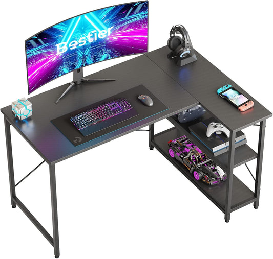 Small L Shaped Gaming Desk with Shelves 47 Inch Reversible Corner Computer Desk Writing Storage Table for Home Office Small Space, Carbon Fiber