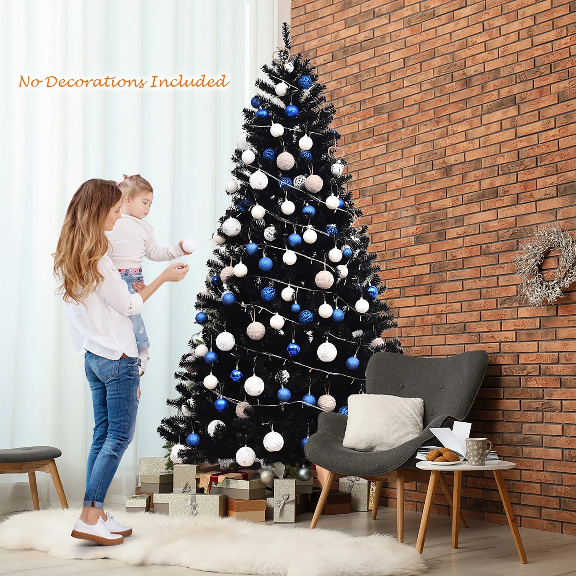 7.5Ft Hinged Artificial Christmas Tree Full Tree W/ Metal Stand Black