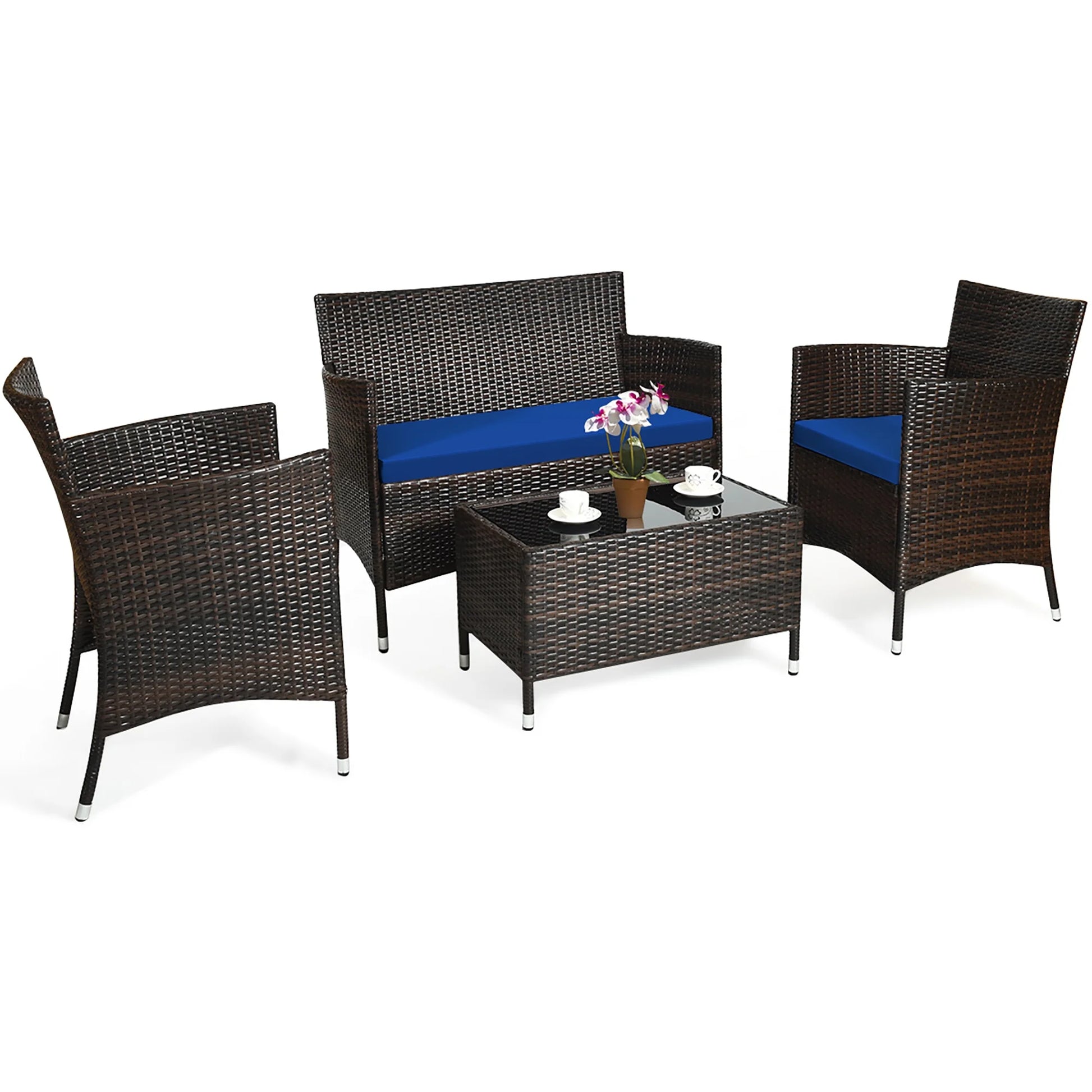 4PCS Rattan Patio Furniture Set Cushioned Sofa Chair Coffee Table Navy