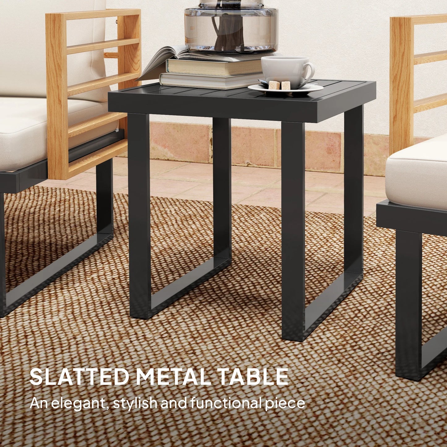 3 Pieces Outdoor Bistro Set, Metal Patio Furniture with Cushions, Armchairs and Slatted Table, Small Patio Set for Balcony, Porch, Beige
