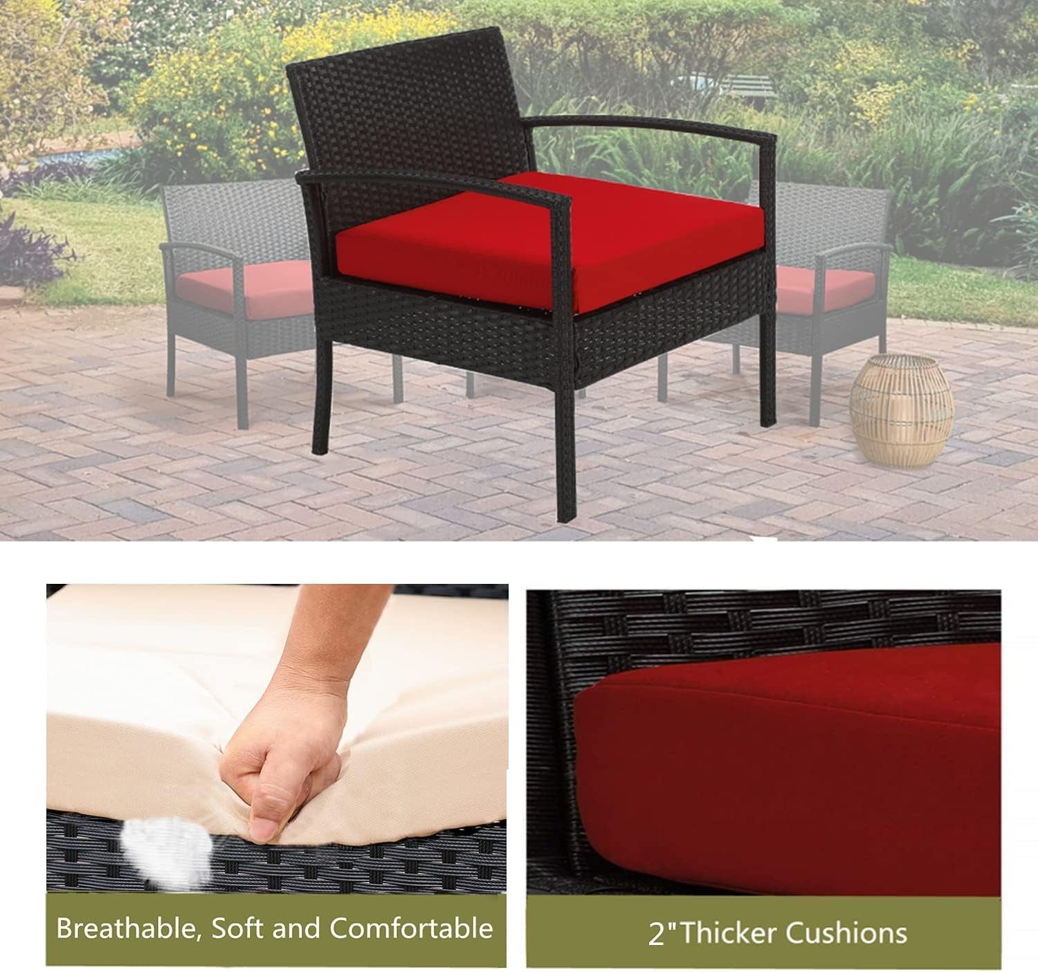 Outdoor Furniture 3 Piece Patio Set Balcony Furniture Outdoor Bistro Set Wicker Chair for Balcony Backyard Porch with Table and Cushions Red