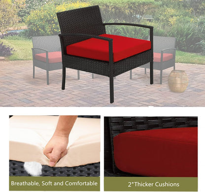 Outdoor Furniture 3 Piece Patio Set Balcony Furniture Outdoor Bistro Set Wicker Chair for Balcony Backyard Porch with Table and Cushions Red