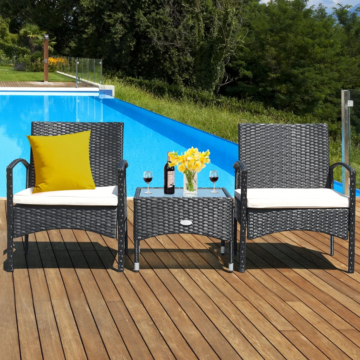 3 PCS Furniture Set Table & 2 Chair Patio Wicker Rattan W/Cushion