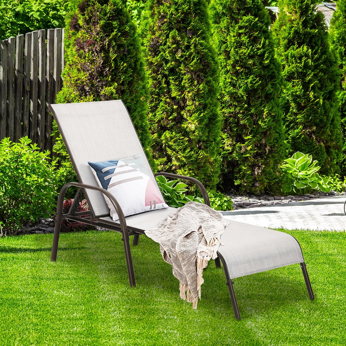 2PCS Patio Lounge Chair Chaise Adjustable Reclining Armrest Gray