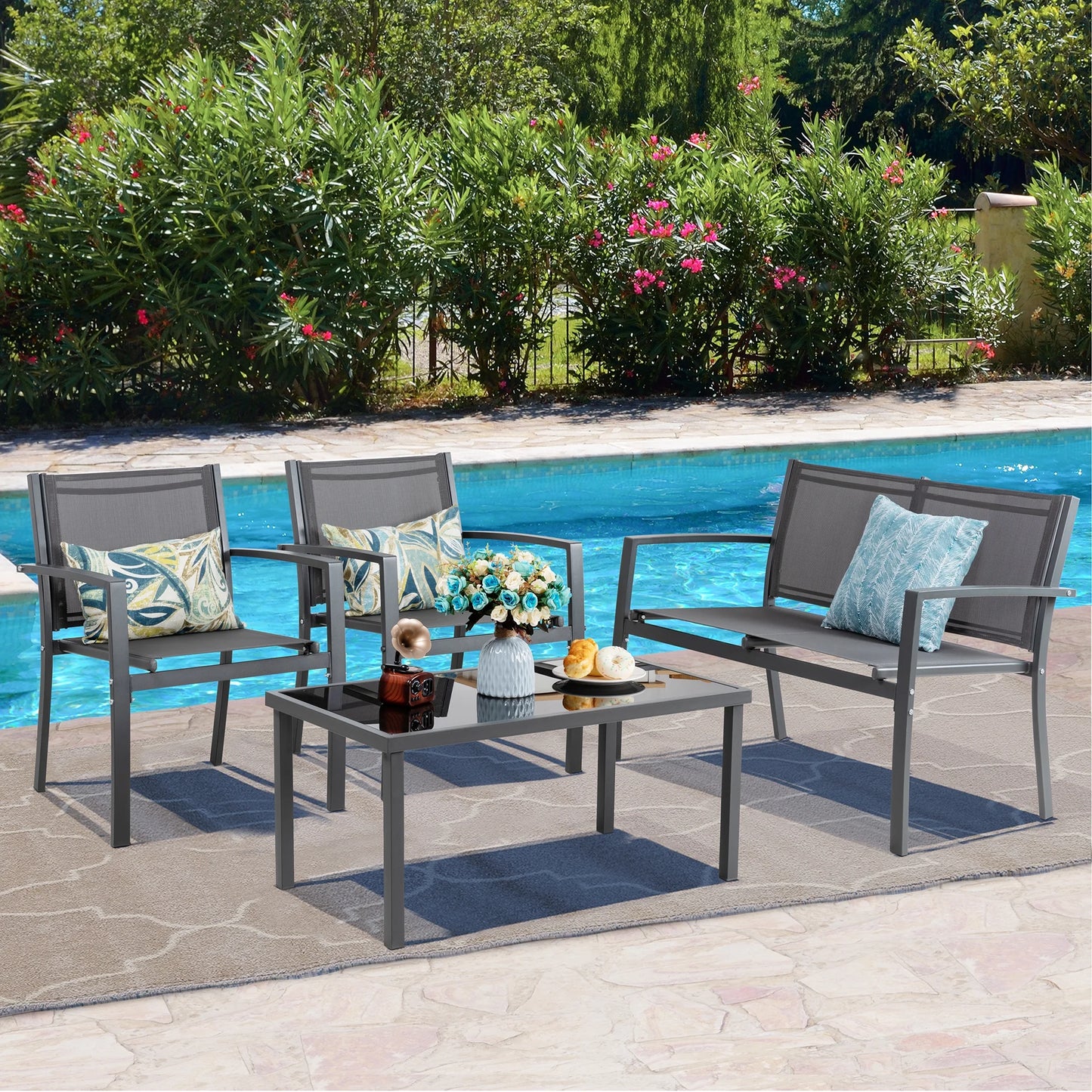 4 Pieces Outdoor Furniture Set All Weather Patio Textilene Steel Conversation Set, Patio Furniture Set Bistro Set with Loveseat Ea Table for Lawn and Balcony, Gray
