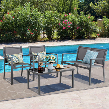 4 Pieces Outdoor Furniture Set All Weather Patio Textilene Steel Conversation Set, Patio Furniture Set Bistro Set with Loveseat Ea Table for Lawn and Balcony, Gray