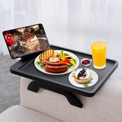 Couch Arm Table, Bamboo Sofa Clip on Tray Tables,Sofa Armrest Tray with 360° Phone Holder,Couch Armrest Table for Eating and Drinking