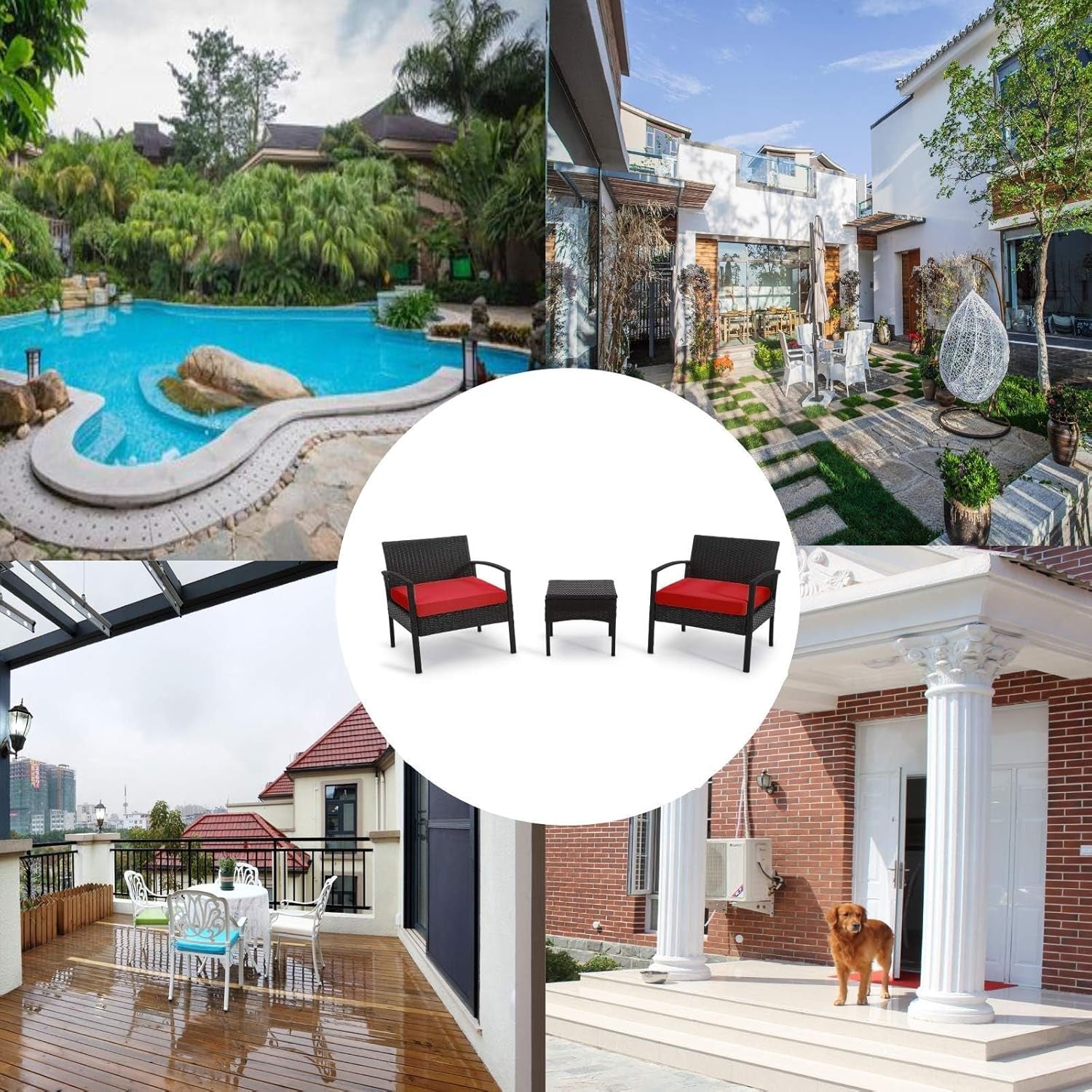 Outdoor Furniture 3 Piece Patio Set Balcony Furniture Outdoor Bistro Set Wicker Chair for Balcony Backyard Porch with Table and Cushions Red