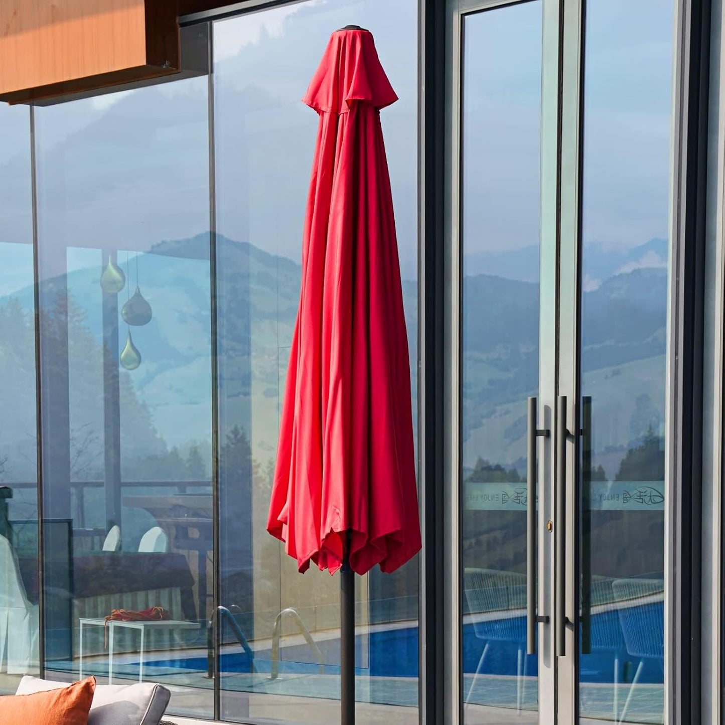 9 FT Enhanced Aluminum Patio Umbrella, UV Protected Outdoor Umbrella with Auto Crank and Push Button Tilt, Red