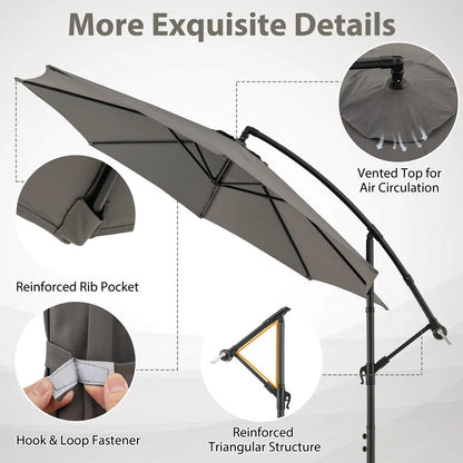 10 FT Patio Offset Umbrella W/8 Ribs Cross Base Tilt Grey