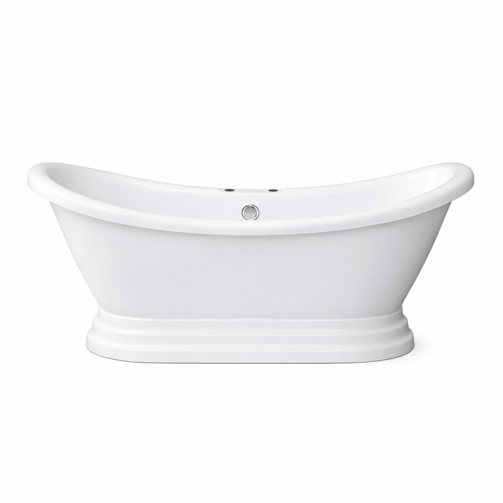 69" Acrylic Double Slipper Pedestal Freestanding Tub with Pre-Drilled Faucet Holes
