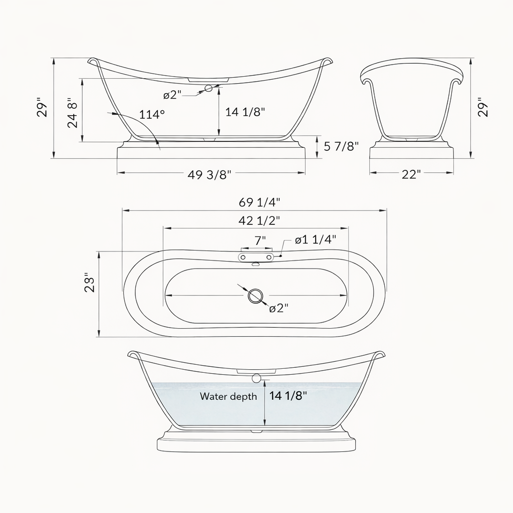 69" Acrylic Double Slipper Pedestal Freestanding Tub with Pre-Drilled Faucet Holes