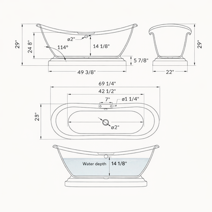 69" Acrylic Double Slipper Pedestal Freestanding Tub with Pre-Drilled Faucet Holes