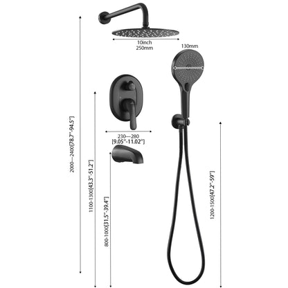 CASAINC 10 Inches Wall Mounted Dual Shower System with 3 Mode Handheld Spray & Tub Spout, Black