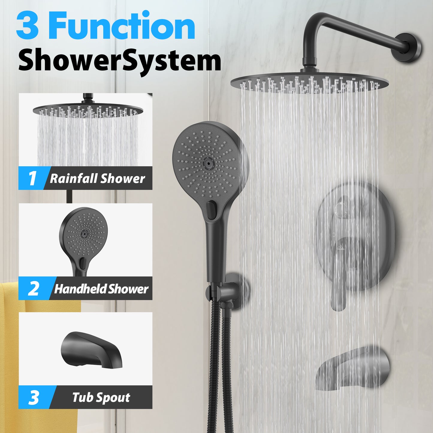 CASAINC 10 Inches Wall Mounted Dual Shower System with 3 Mode Handheld Spray & Tub Spout, Black