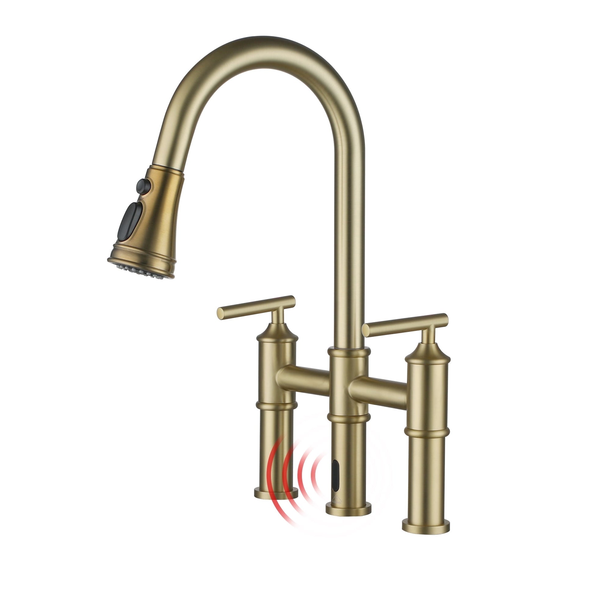 CASAINC Touchless Bridge Kitchen Faucet with Pull Down Sprayer, Double Handle, Sensor Activated, Gold