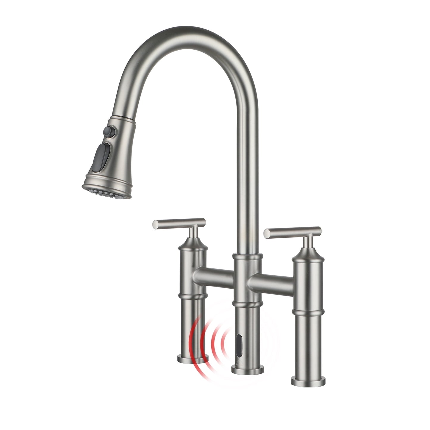 CASAINC Touchless Bridge Kitchen Faucet with Pull Down Sprayer, Double Handle, Sensor Activated, Brushed Nickel
