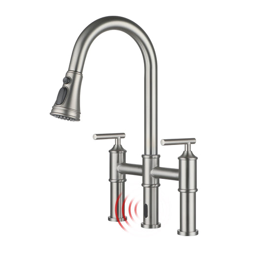 CASAINC Touchless Bridge Kitchen Faucet with Pull Down Sprayer, Double Handle, Sensor Activated, Brushed Nickel