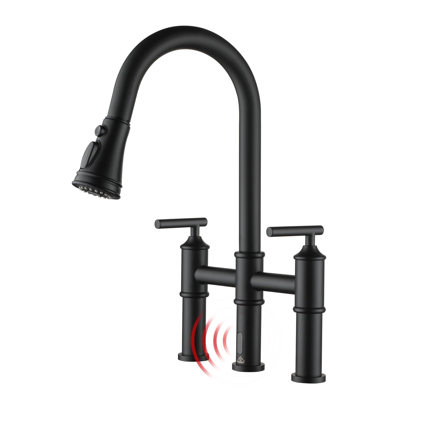 CASAINC Touchless Bridge Kitchen Faucet with Pull Down Sprayer, Double Handle, Sensor Activated, Black