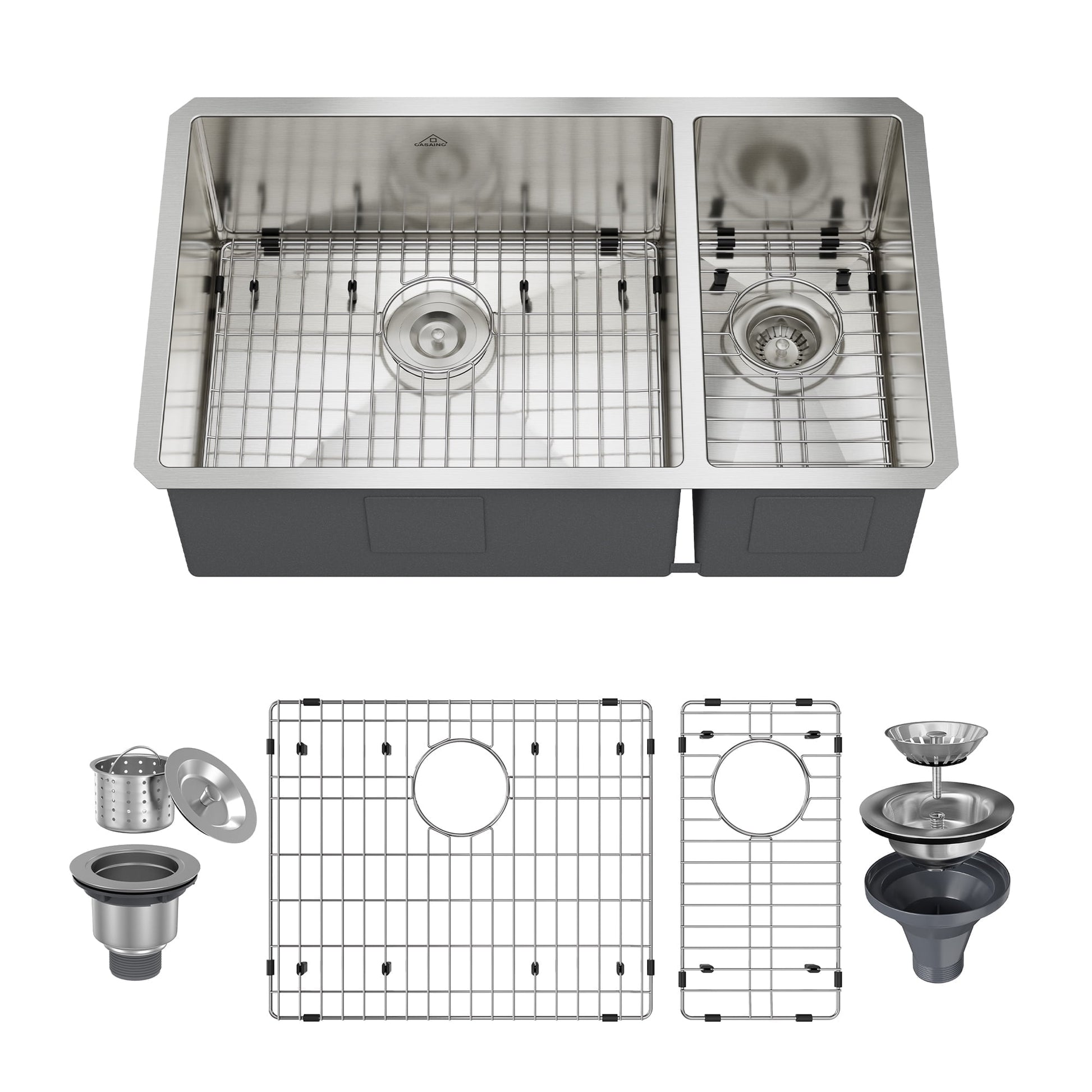 CASAINC 32" Undermount Double Bowl Stainless Steel Kitchen Sink with Included Bottom Grid & Drain Strainer