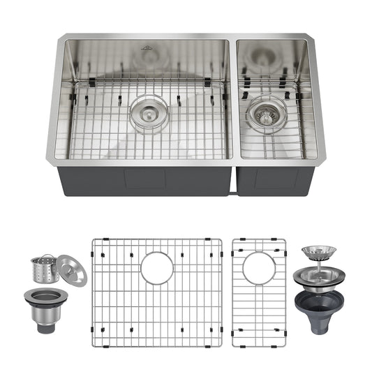 CASAINC 32" Undermount Double Bowl Stainless Steel Kitchen Sink with Included Bottom Grid & Drain Strainer