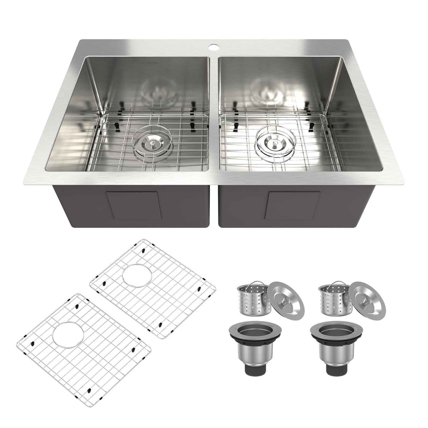CASAINC 33" Drop-In Double Bowl Stainless Steel Kitchen Sink with Included Bottom Grids and Basket Strainers