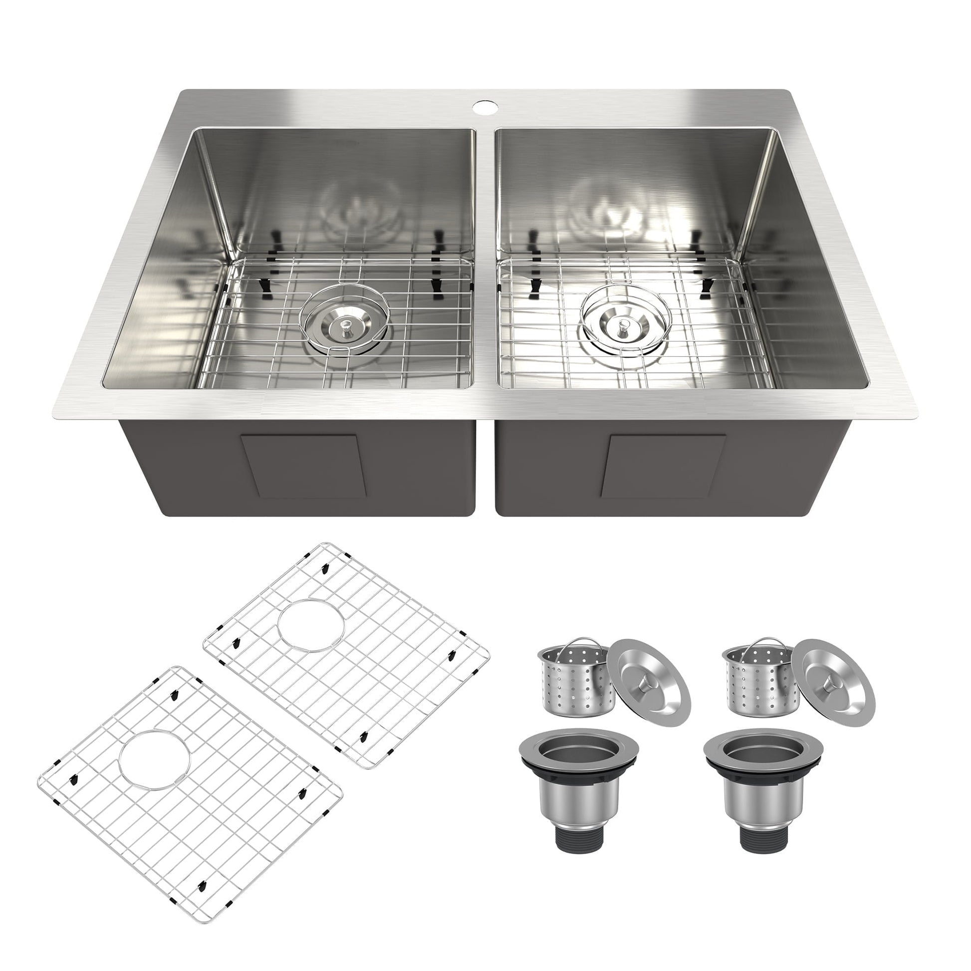 CASAINC 33" Drop-In Double Bowl Stainless Steel Kitchen Sink with Included Bottom Grids and Basket Strainers