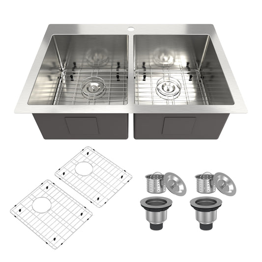 CASAINC 33" Drop-In Double Bowl Stainless Steel Kitchen Sink with Included Bottom Grids and Basket Strainers