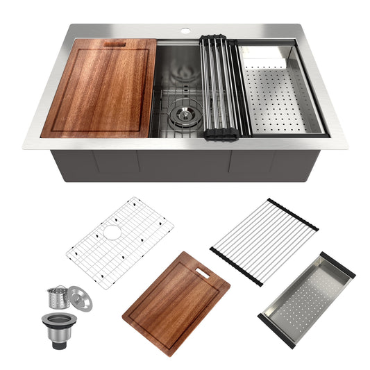 CASAINC 33" Drop-In Single Bowl Stainless Steel Workstation Topmount Kitchen Sink with Included Sliding Accessories