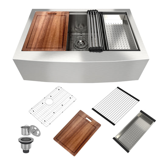 CASAINC 33" Farmhouse Apron Single Bowl  Stainless Steel Workstation Kitchen Sink with Inlcuded Accessories