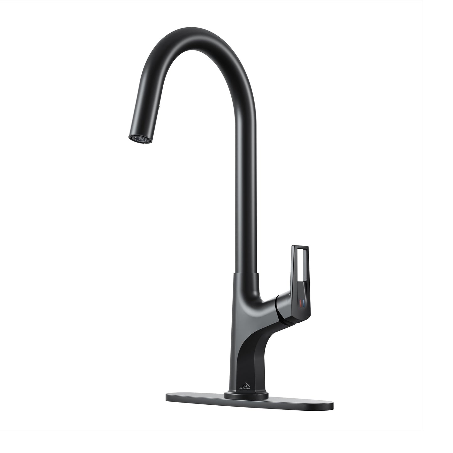 CASAINC Single Handle Pull Down Deck Mounted Kitchen Faucet with Dual Function Sprayer and Deckplate, Black