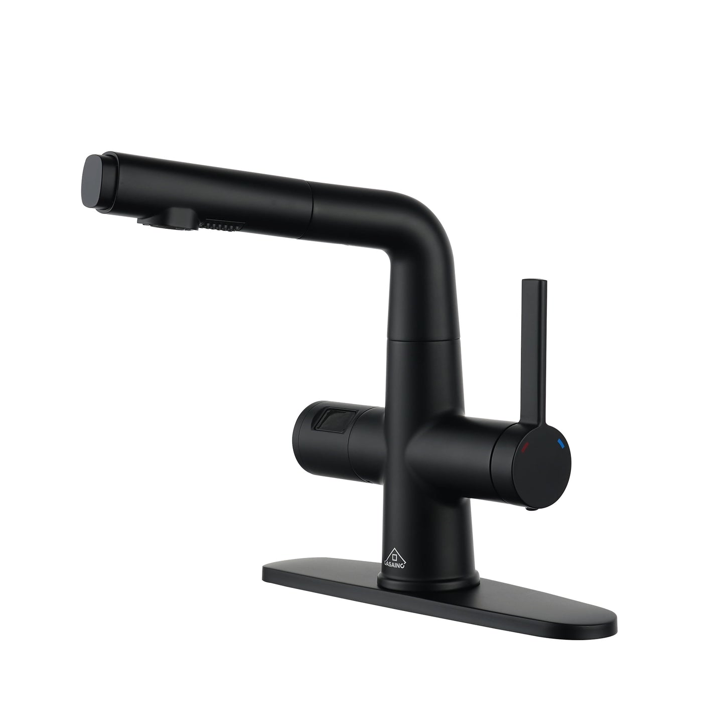 CASAINC Deck Mounted Single Handle Pull Down Kitchen Faucet with Digital Display Dual Function Sprayer and Deckplate, Black