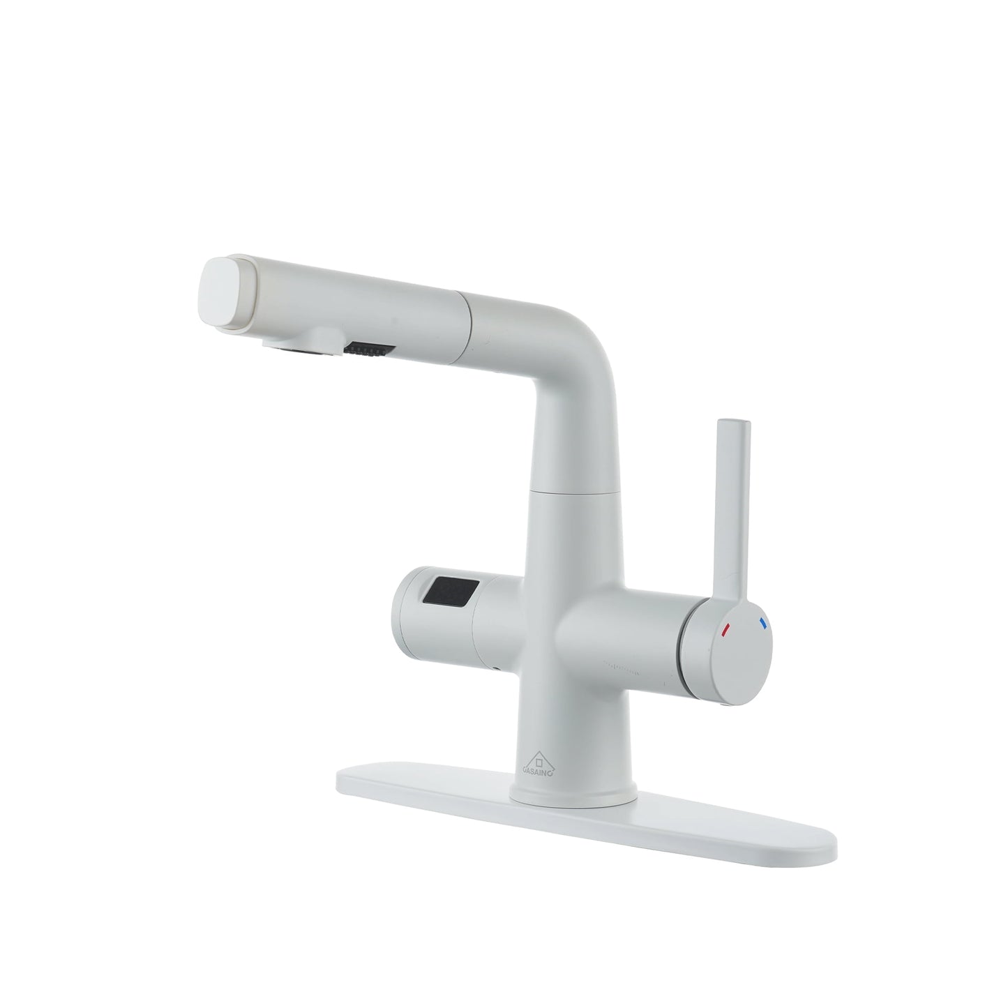 CASAINC Deck Mounted Single Handle Pull Down Kitchen Faucet with Digital Display Dual Function Sprayer and Deckplate, White