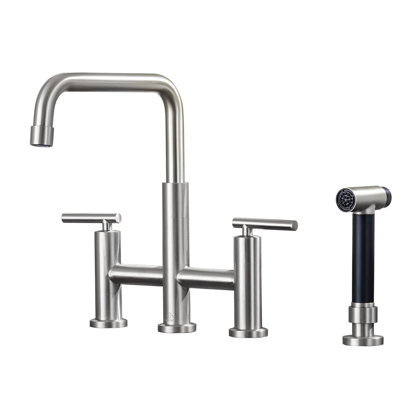 CASAINC Double Handle Bridge Kitchen Faucet with Side Sprayer Wand, Brushed Nickel