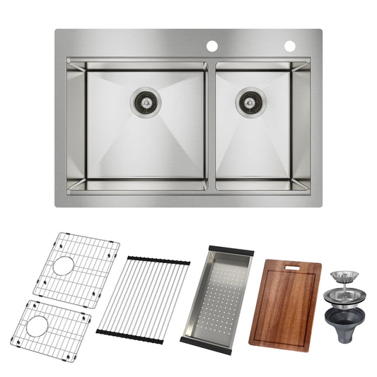 CASAINC 33" Double Bowl Topmount Drop-in Stainless Steel Kitchen Sink Workstation with Included Accessories